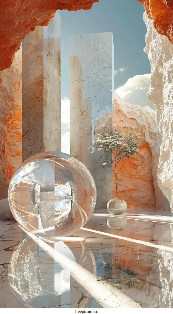 Abstract Stone Architecture with Glass Sphere