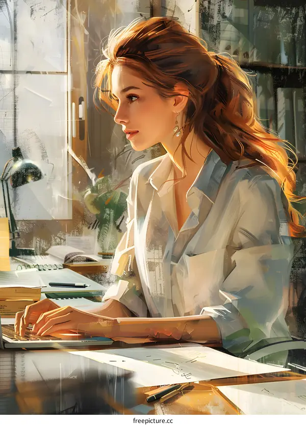 portrait of a beautiful young woman sitting at her desk working on her laptop