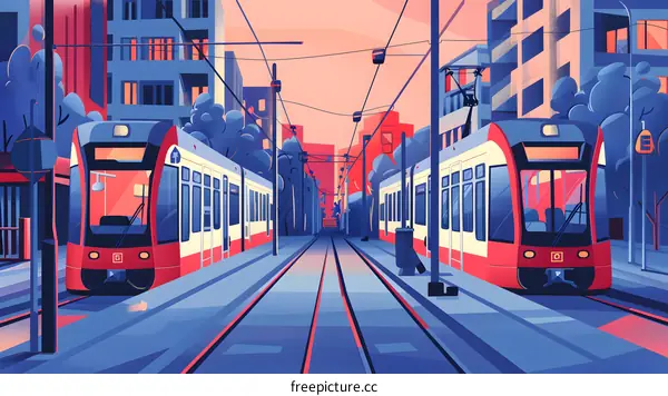 Two Trams Facing Each Other in the City