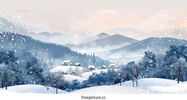 Tranquil Village Nestled in Snow-Covered Mountain Valley