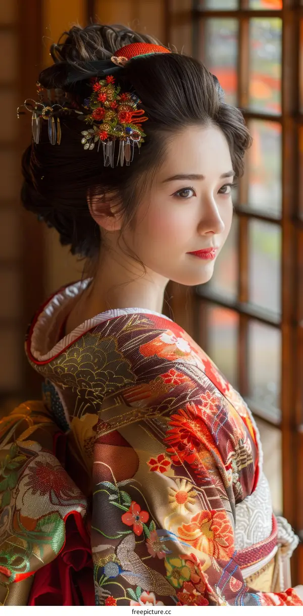 Portrait of a beautiful Japanese woman in traditional kimono