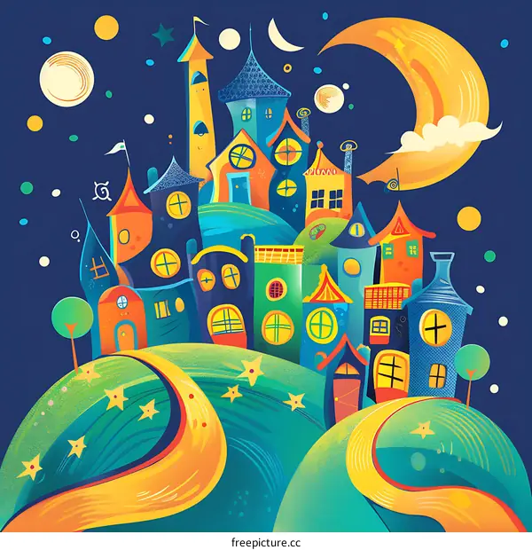 Night Sky With Colorful Cartoon City And Crescent Moon
