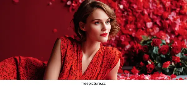Elegant Woman in a Red Dress Surrounded by Roses