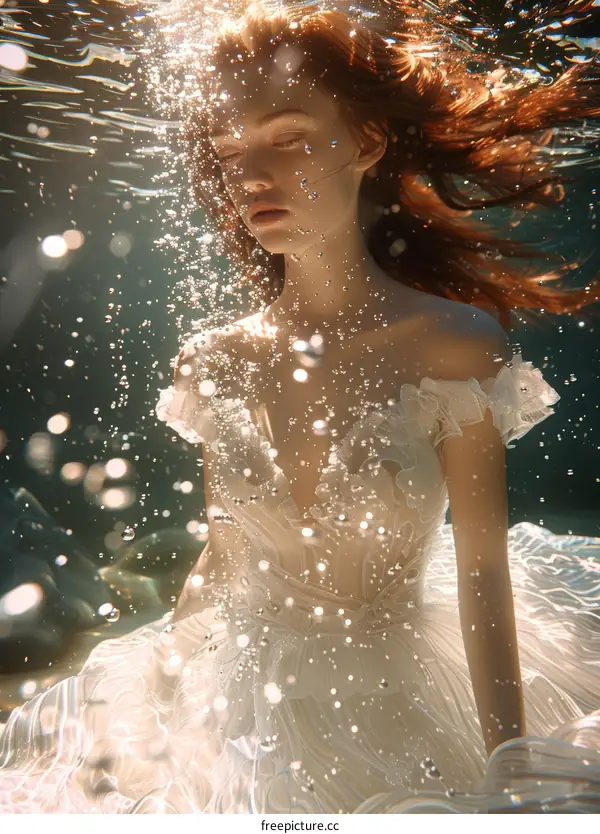 Striking Underwater Portrait of a Redhead in a Flowing White Dress