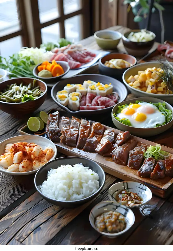 Japanese Food Table With Grilled Meat, Rice, Shrimp, And Eggs