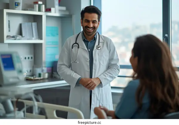Smiling middle eastern male doctor wearing white coat standing in hospital room talking to female patient