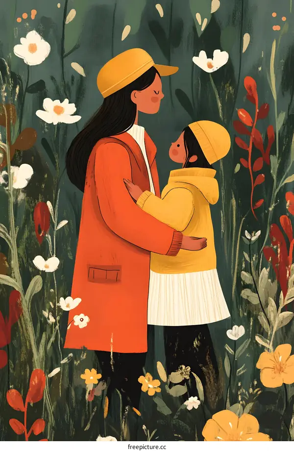 Mom and Daughter Embracing in a Field of Flowers