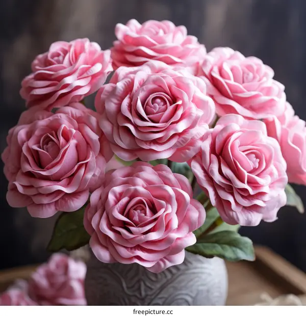 A bouquet of pink roses in a vase