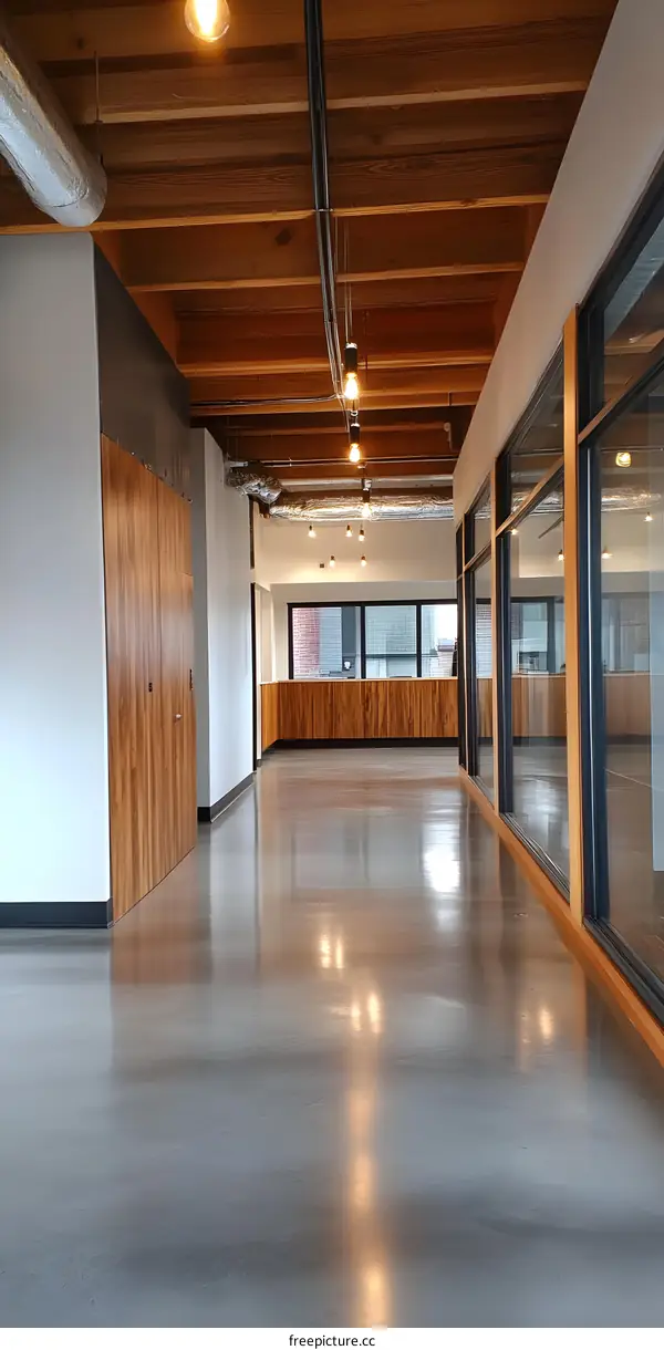 Modern Office Interior Design With Polished Concrete Floors And Wood Beams