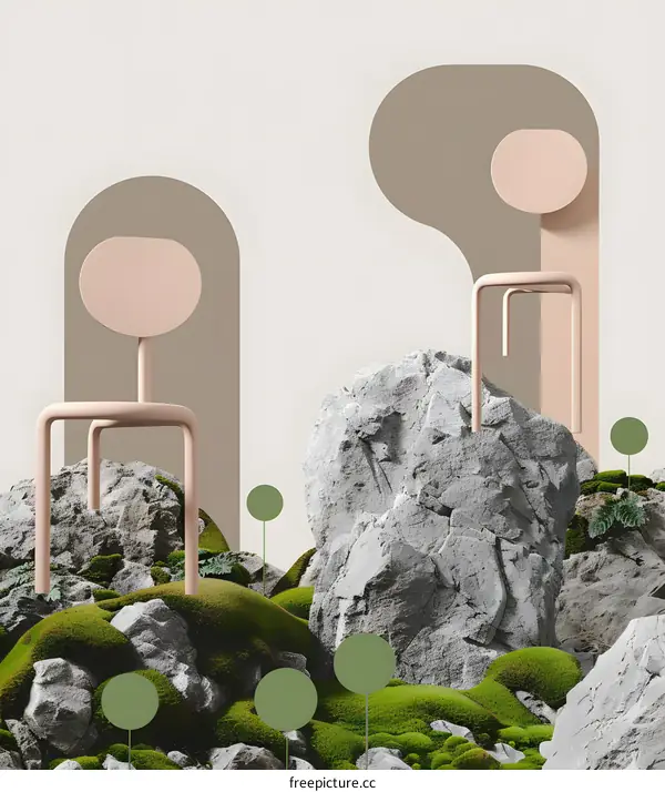 Abstract Chairs with Stone and Green Moss Background