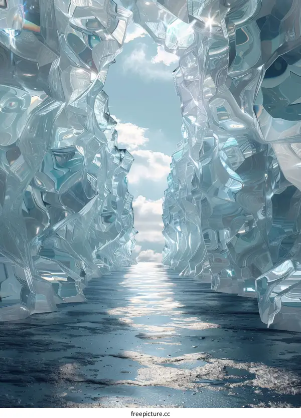 Mystical Blue Crystal Cave with a Bright Light in the Distance