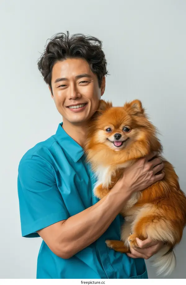 Asian man hugging a Pomeranian dog