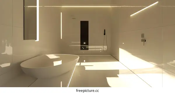 Modern Minimalist Bathroom Interior Design With White Tiles And Bathtub