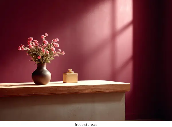 Pink Flowers in Vase on Wooden Table Against Deep Burgundy Wall