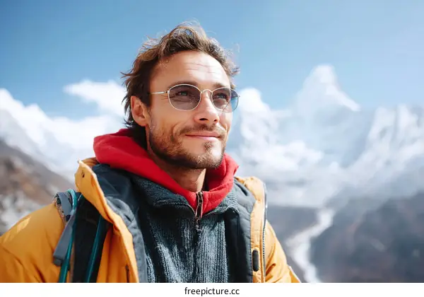 Man Hiking in the Mountains with Snowy Peaks