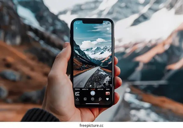 Hand Holding Smartphone Taking Picture Of Mountains
