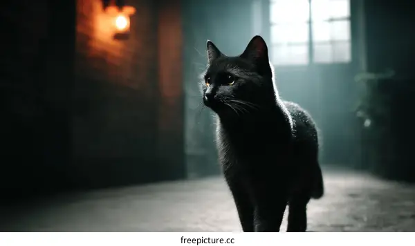Mysterious Black Cat in Dim Interior