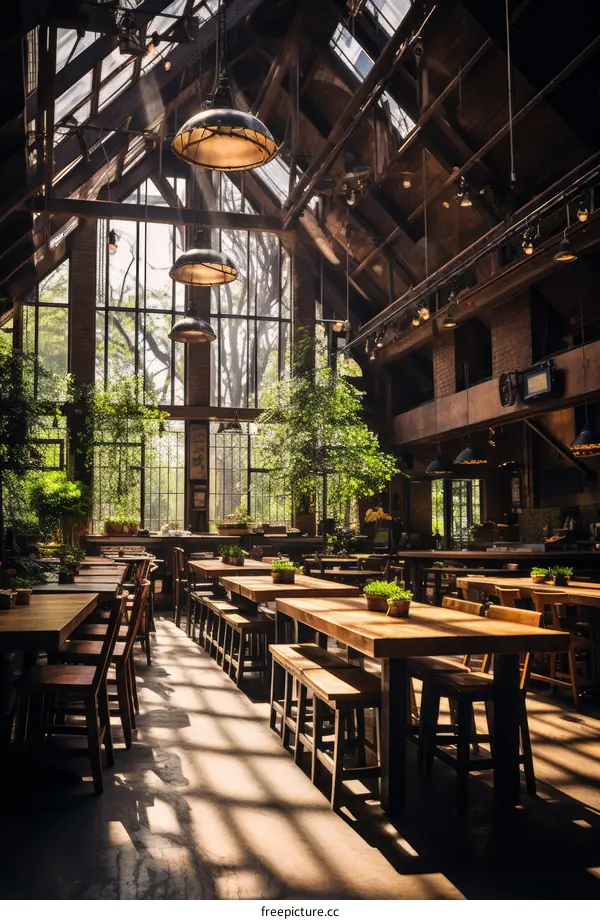 Rustic Chic Restaurant Interior With Large Windows