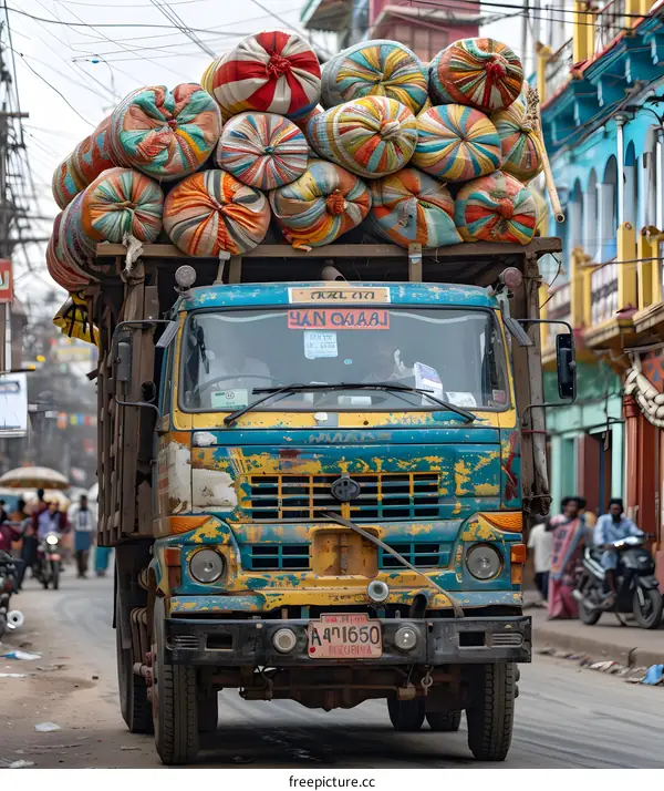 A colorful truck is carrying a large load of colorful sacks.