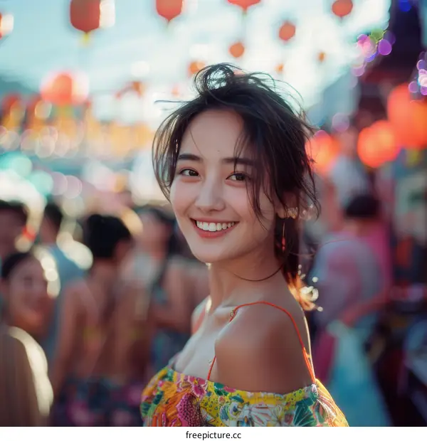 Portrait of a beautiful Asian woman smiling in a crowd