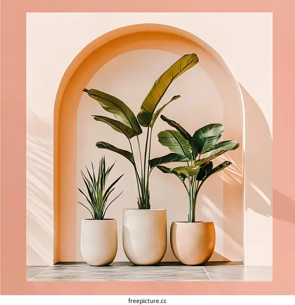 Three potted plants in a minimalist archway with a light pink background