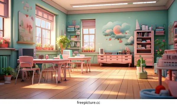 An illustration of a classroom with pink and mint green walls, wooden floors, and large windows.