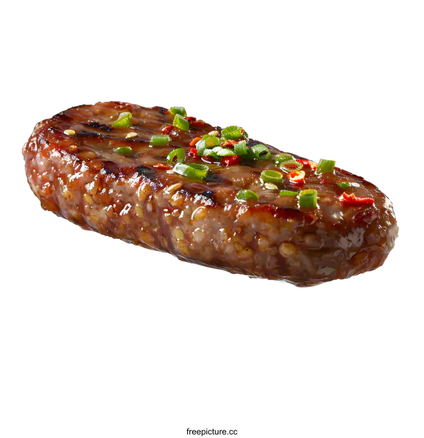 [Transparent Background PNG]A delicious grilled steak with chili peppers and green onions.