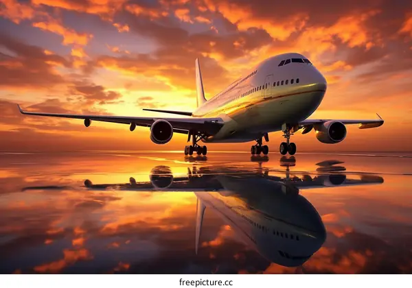 airplane landing on runway at sunset with reflection on water