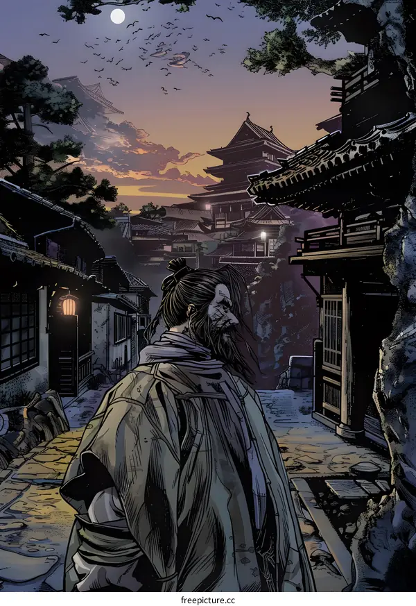 Japanese Samurai Illustration with Cityscape and Moon in the Background