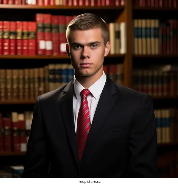 Young male law student posing in a library