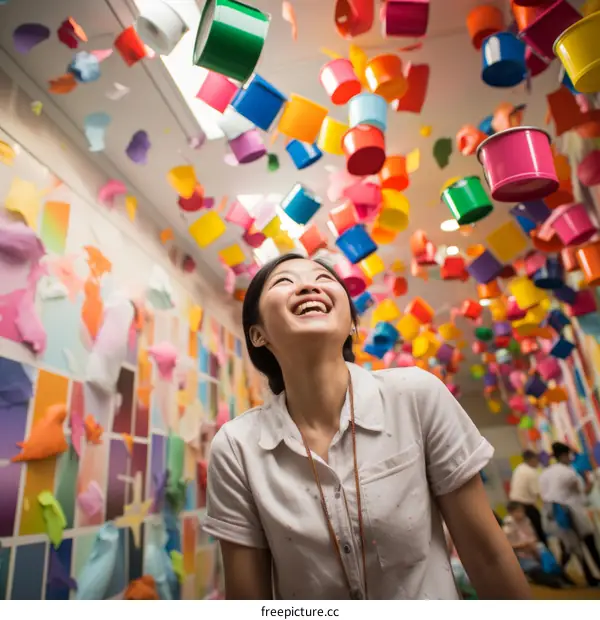 A woman standing in a room with colorful paper lanterns hanging from the ceiling