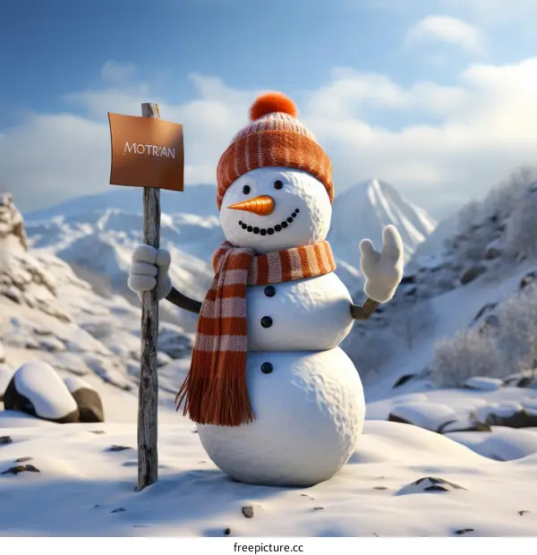 A cheerful snowman wearing a hat and scarf stands in a snowy landscape and waves