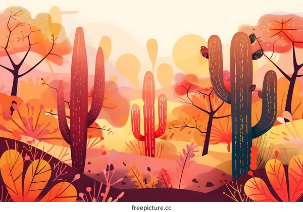 Autumn Cactus Landscape Illustration
