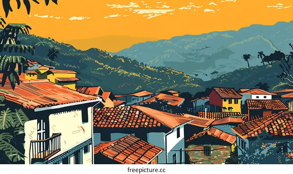 Sunset View of a Village in the Mountains