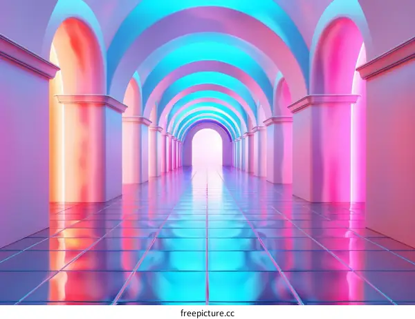 Futuristic Sci-Fi Corridor with Glowing Arches and Reflective Floor