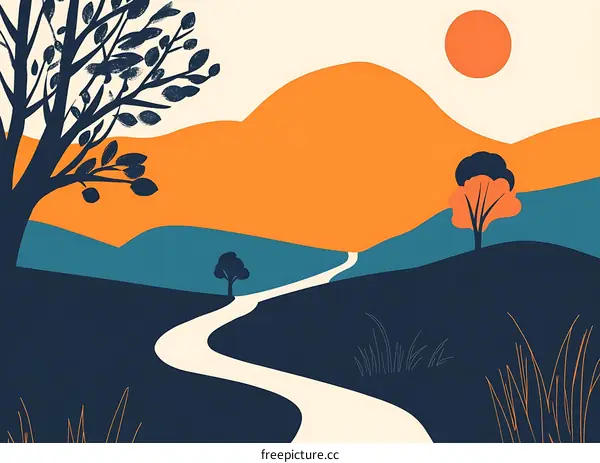 Abstract Landscape with Winding Path and Sun