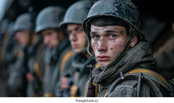 A soldier with a helmet on his head is looking at the camera.