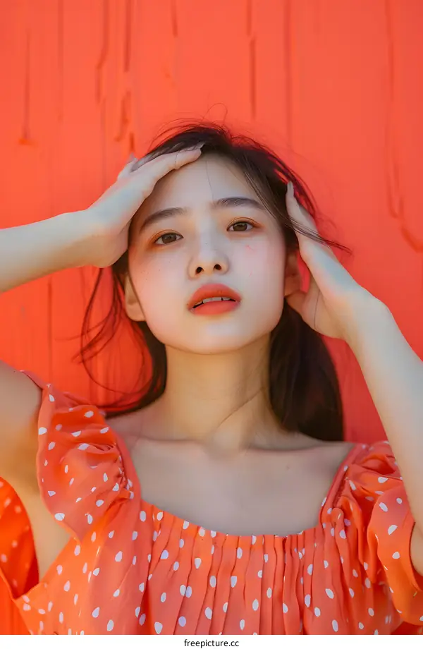 Beautiful Asian Woman in a Polka Dot Dress