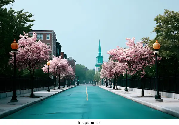 Spring Blossom-lined City Street in the USA