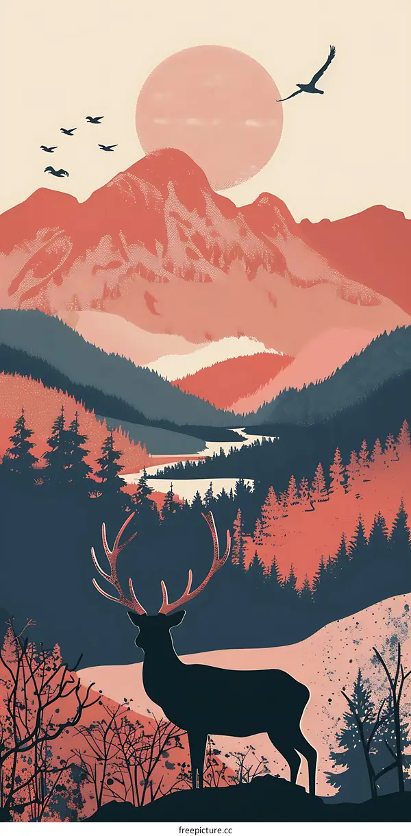 Minimalist Deer Silhouette in a Mountain Landscape
