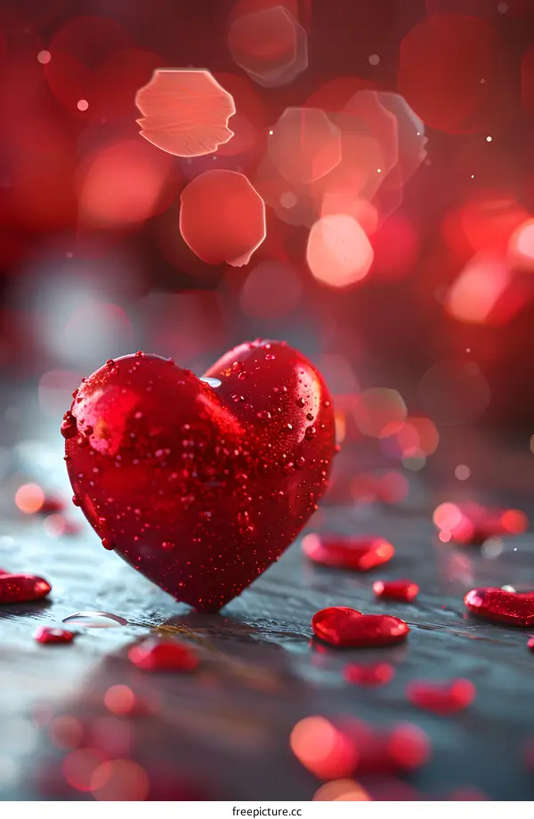 Red heart on a wooden table with red bokeh background