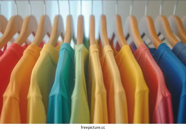A spectrum of colors in a row of t-shirts