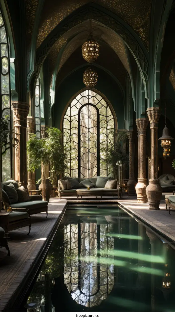 A beautiful indoor pool with a large window