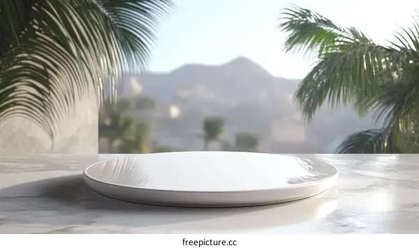 Empty White Round Display Podium in Tropical Outdoor Setting