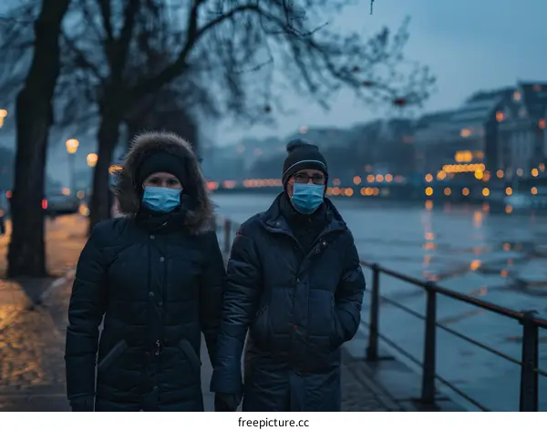 A couple wearing surgical masks walk along a river at dusk