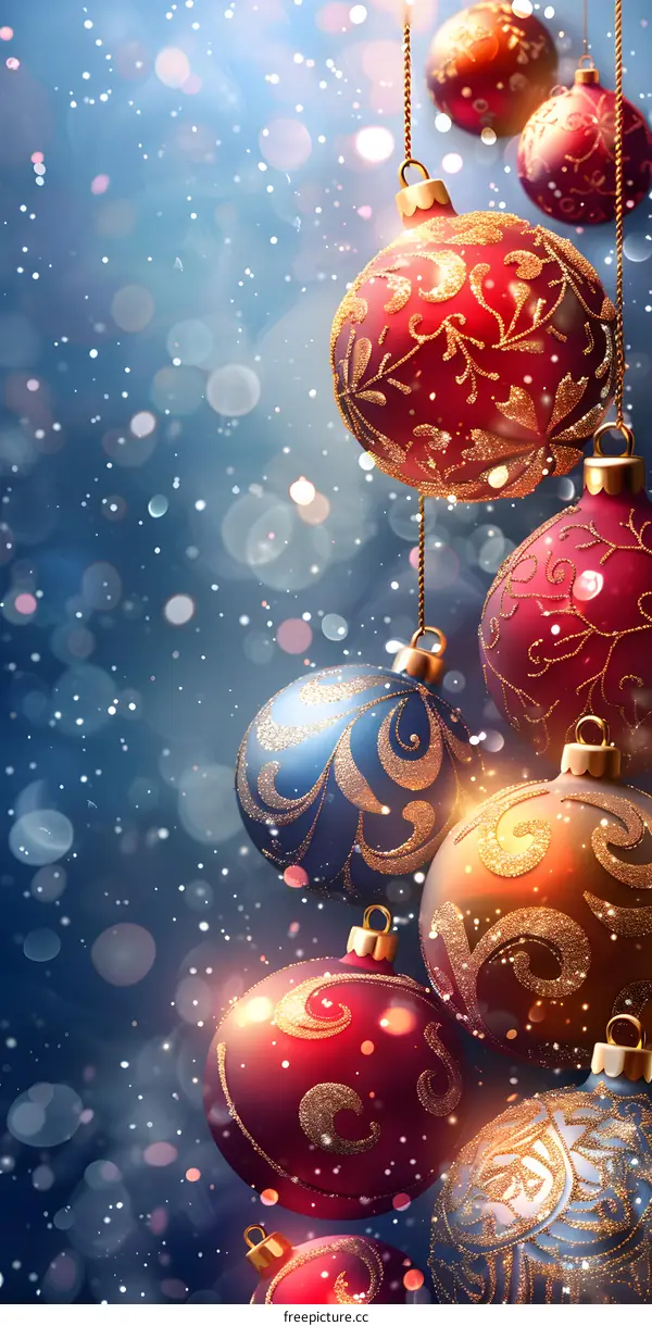 Christmas ornaments hanging from a string with a blue background