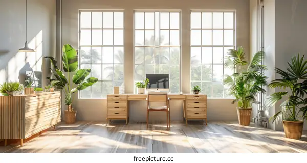 Home office interior with large windows and plants