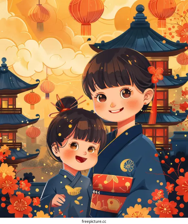A mother and daughter in traditional Chinese clothing celebrate the Lantern Festival.