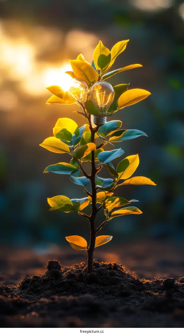 Young Plant with Light Bulbs at Sunrise