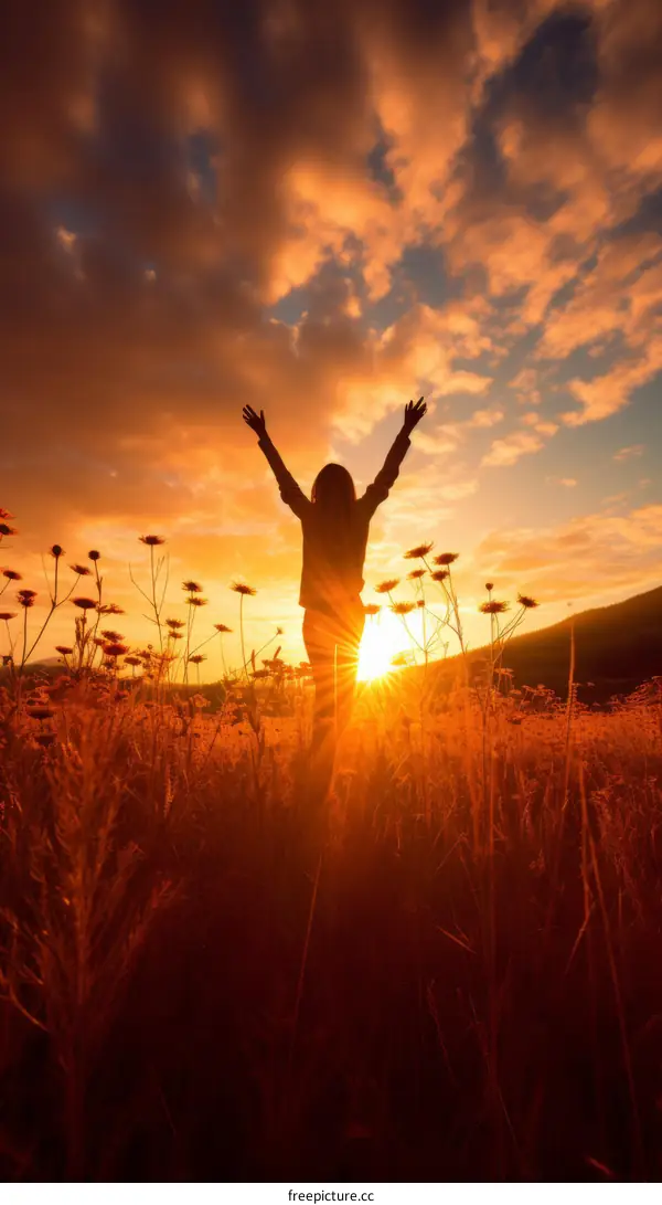 Young woman standing with arms raised in a field of flowers at sunset